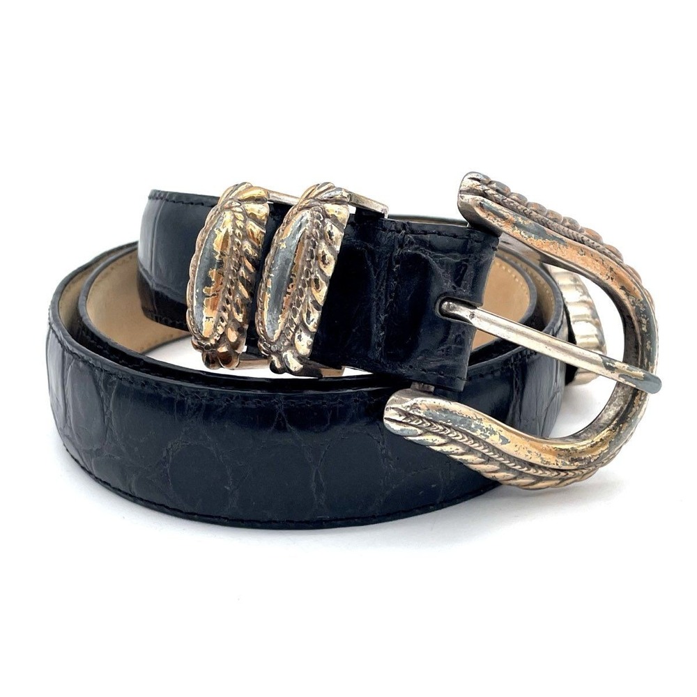 VTG Brighton Black Croc Embossed Leather Belt Silver‎ Tone Western Stagecoach L